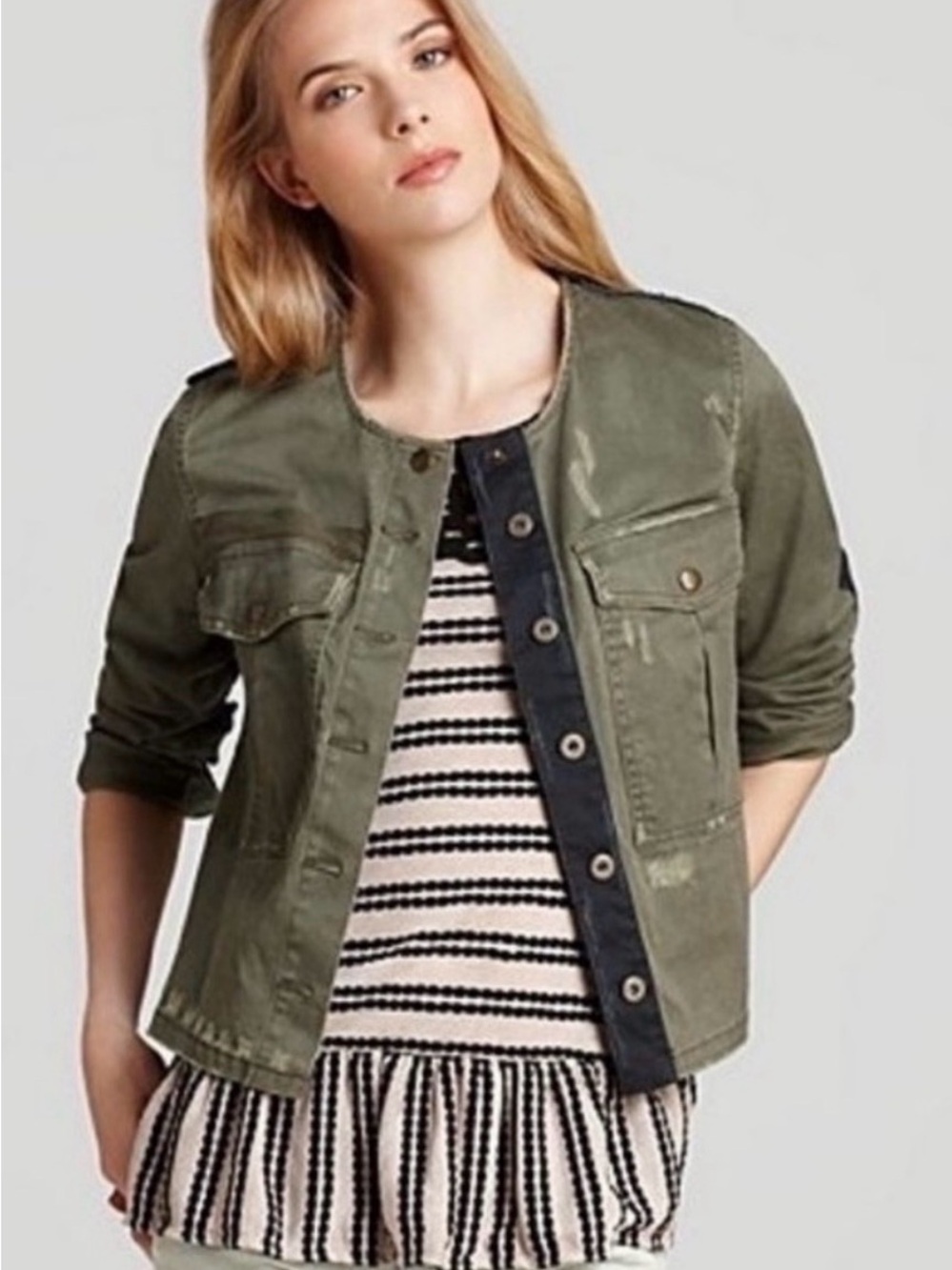 Free People LOU Olive Green/Black Accent Distressed Military Denim Jacket (XS) - Picture 12 of 12